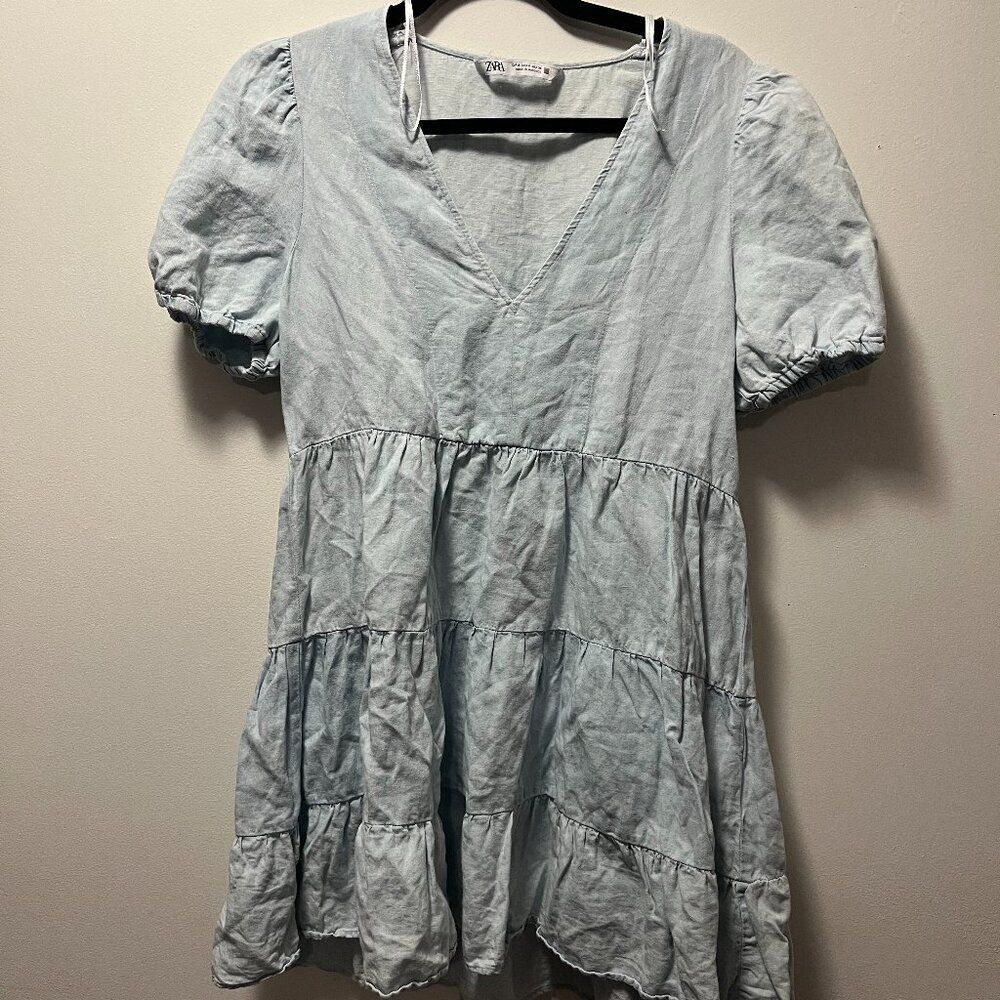 Zara Sky Blue Cotton Blend Babydoll Dress Size Small